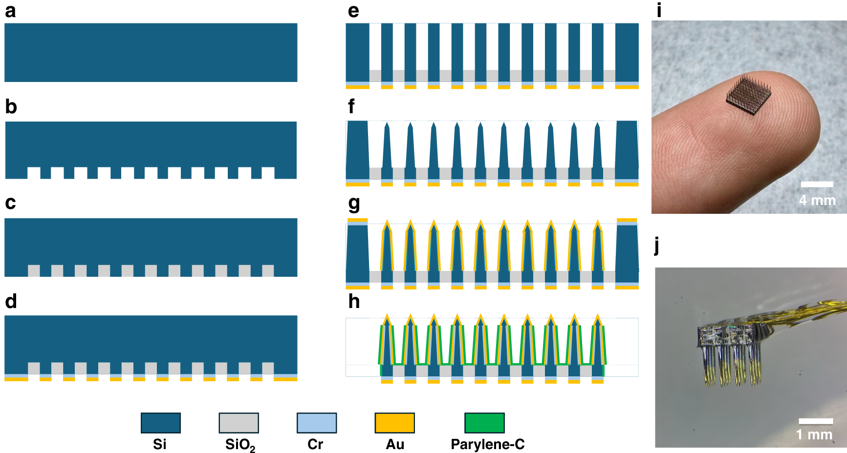 Complete source figure: cross-section schematics a to h of the silicon microneedle fabrication process, with photograph i of the finished 10 by 10 array on a fingertip and photograph j of a packaged array with gold wire leads.