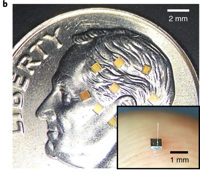 Neurograin microchips photographed on a US coin, with an inset side view of one chip and its electrode.