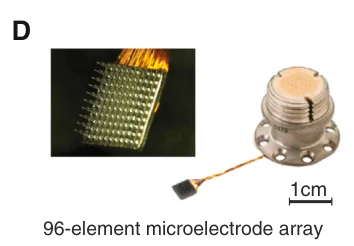 Source photograph and micrograph of the 96-electrode intracortical array and its commercial pedestal connected to the Brown 2014 external wireless neurosensor.