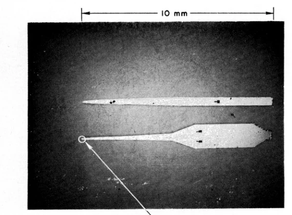 Original 1970 photomicrograph showing the fabricated double-electrode silicon microprobe in two overview orientations.