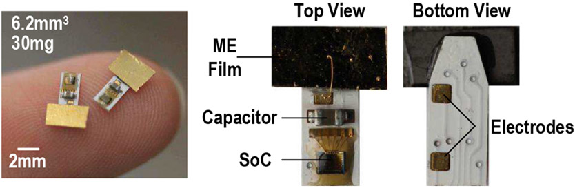 Two PUF-addressed magnetoelectric implants on a fingertip and enlarged top and bottom photographs labeling the film, capacitor, chip and electrodes.