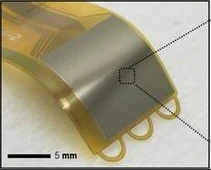 Photograph of the flexible NeuroCam cortical-surface electrode array bending over a curved support, with the original 5 millimeter scale bar.