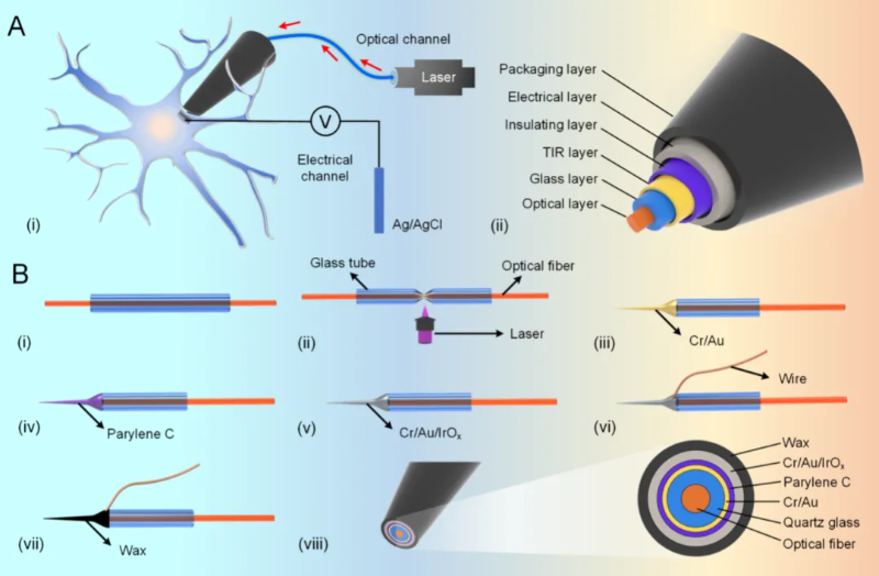 SJTU figure showing multilayer nanotube opto-electrophysiology probe construction, tip structure and total-internal-reflection layer.