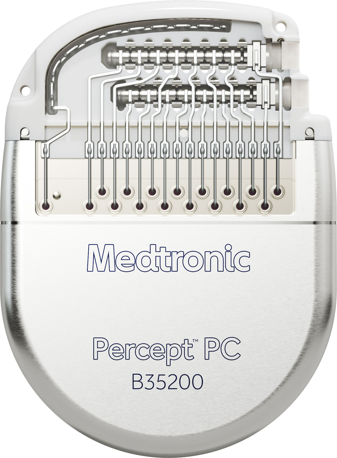 Front view of a Percept PC implant showing the transparent connector header and titanium case.