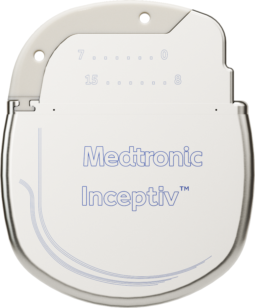 Front of the Inceptiv implanted pulse generator with its transparent connector header.