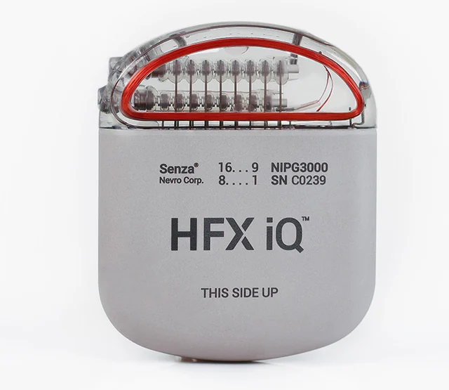 HFX iQ titanium implanted pulse generator with red-lined transparent connector header.