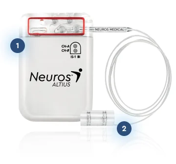 Altius generator connected to a cylindrical transparent nerve cuff with two visible contact bands.