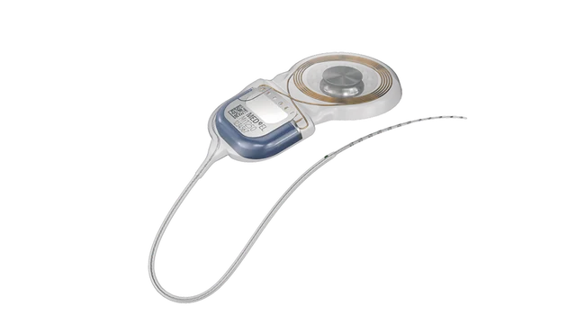 SYNCHRONY 2 titanium receiver-stimulator and circular coil with magnet, connected to a thin cochlear electrode array.