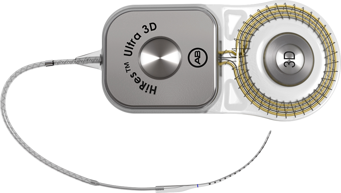 Advanced Bionics HiRes Ultra 3D receiver coil and stimulator with the complete curved intracochlear electrode lead.