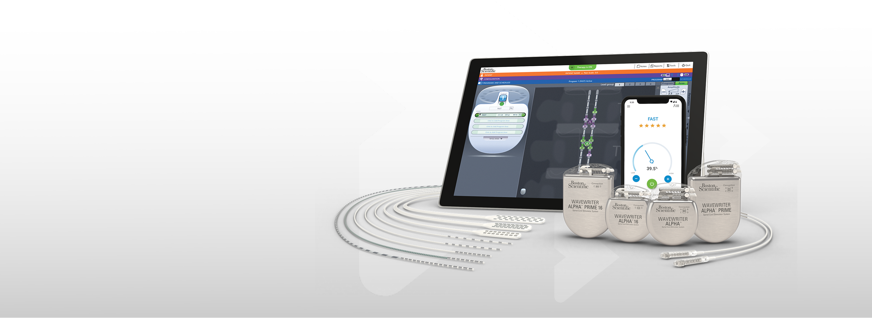 Manufacturer image showing WaveWriter Alpha generators, paddle and percutaneous leads, programmers and adapters.