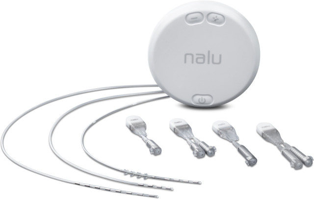 Nalu therapy disc, implanted micro pulse generators and three lead configurations including visible electrode contacts.