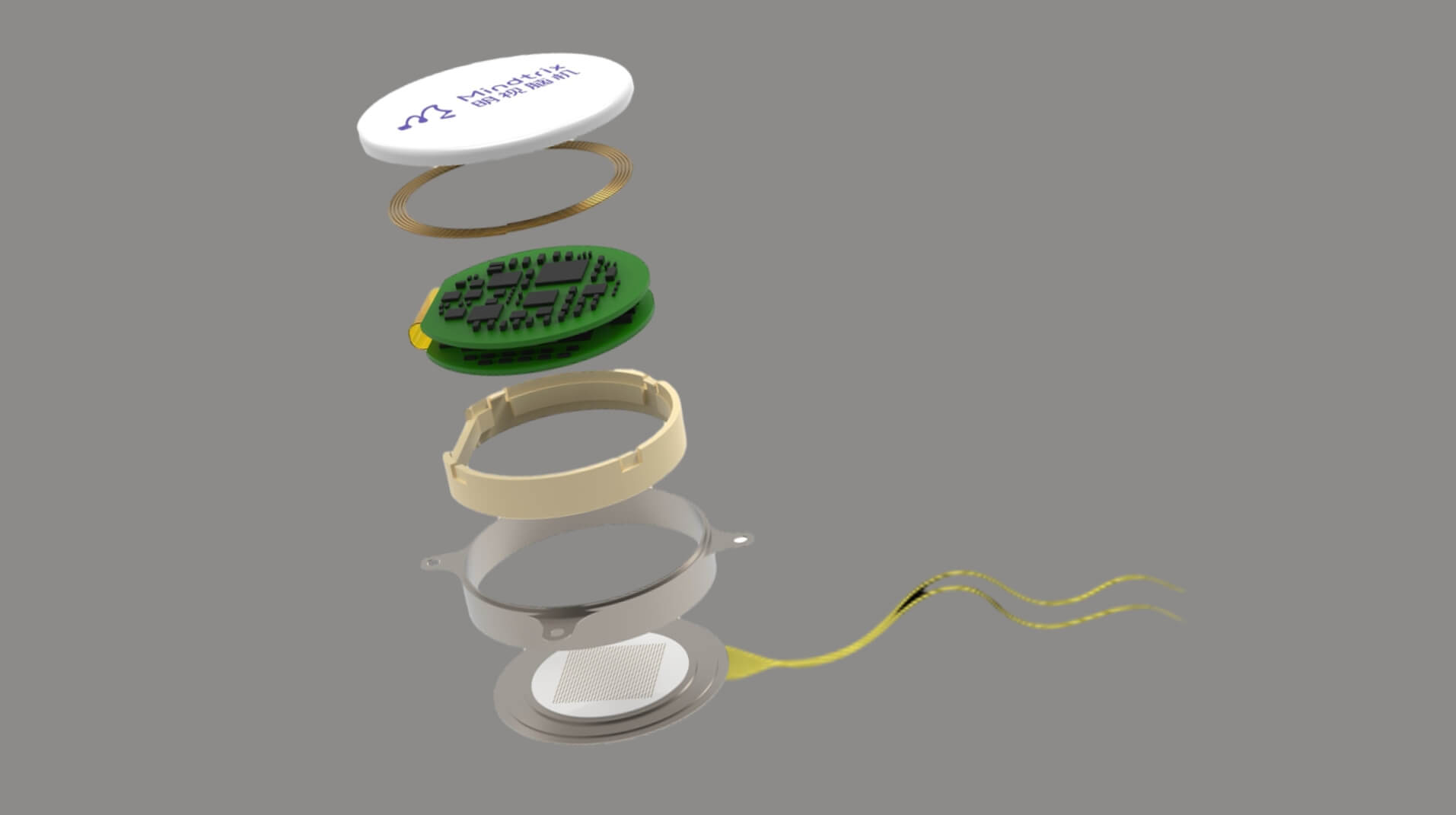 Exploded Mindtrix implant rendering with circular electronics, housing, wireless coil and flexible electrode tails.