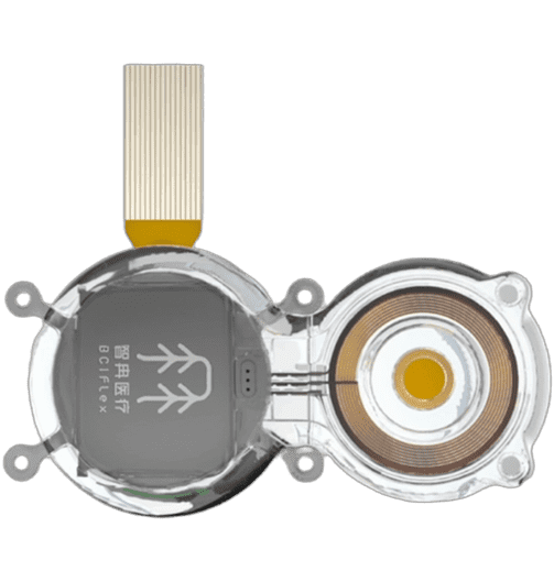 Manufacturer photograph of a Zhiran wireless implant with circular housing, wireless coil and flexible interface connector.