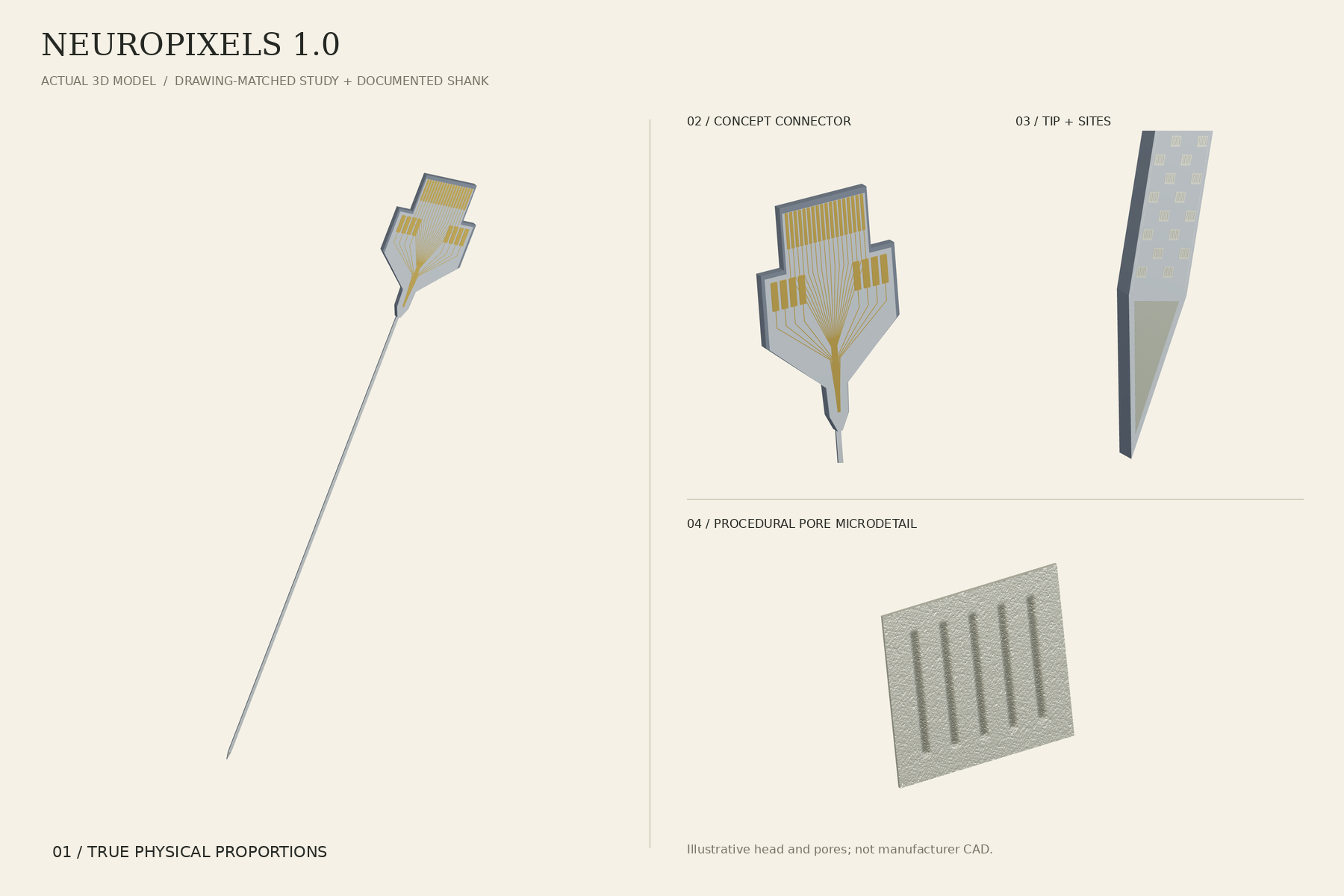 Technical views rendered from the original Neuropixels models, including the assembly, shank and electrode detail